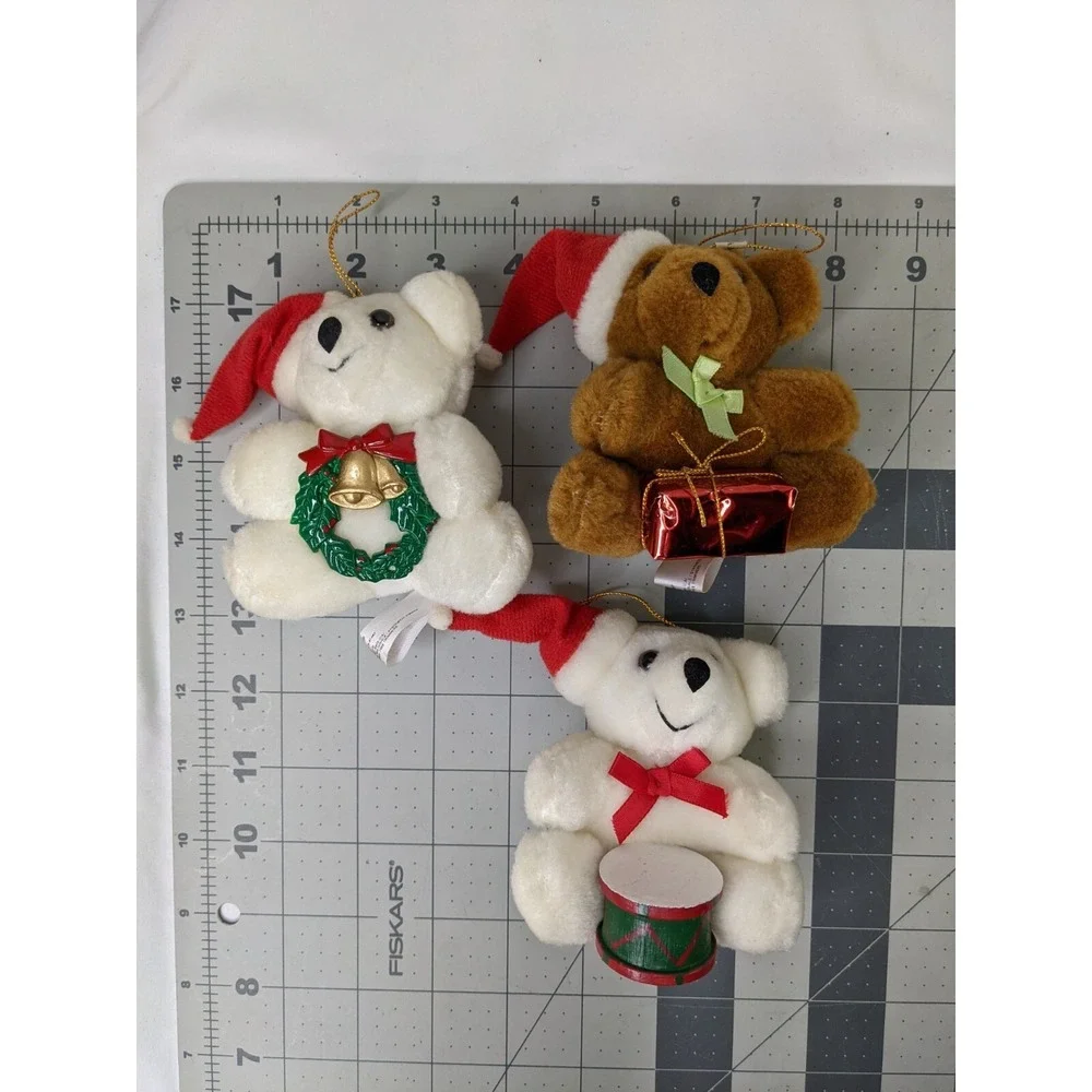 Applause Christmas Bear Ornament Cubby Plush Lot 4 Inch White Brown Lot of 3‎